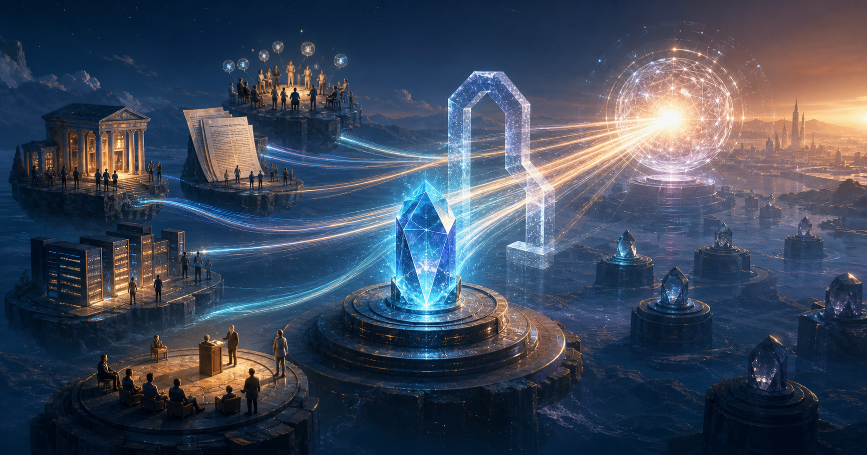 Independent source islands send beams through a translucent gateway toward an AI-like orb that highlights one central entity among alternatives.