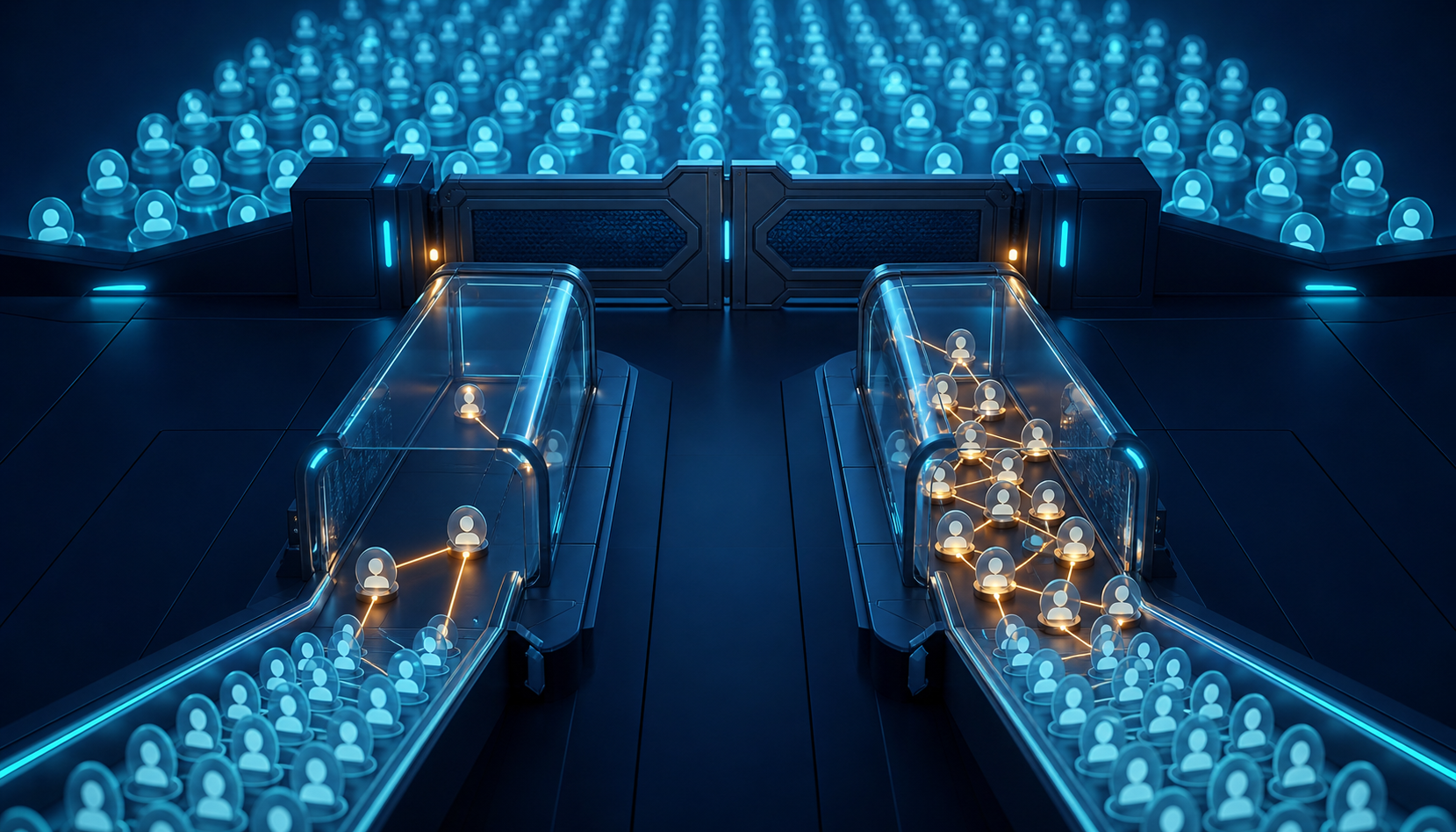 Two parallel audience test streams produce different numbers of identity connections before a closed gate to a larger audience.