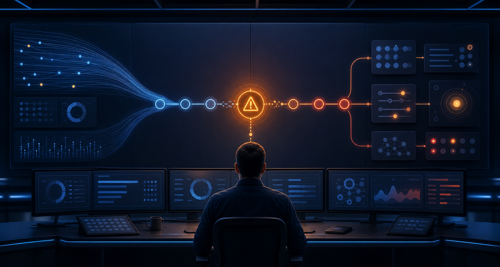 An analyst faces abstract advertising control panels where an amber warning marks a broken conversion signal linked to automated controls and declining traffic.
