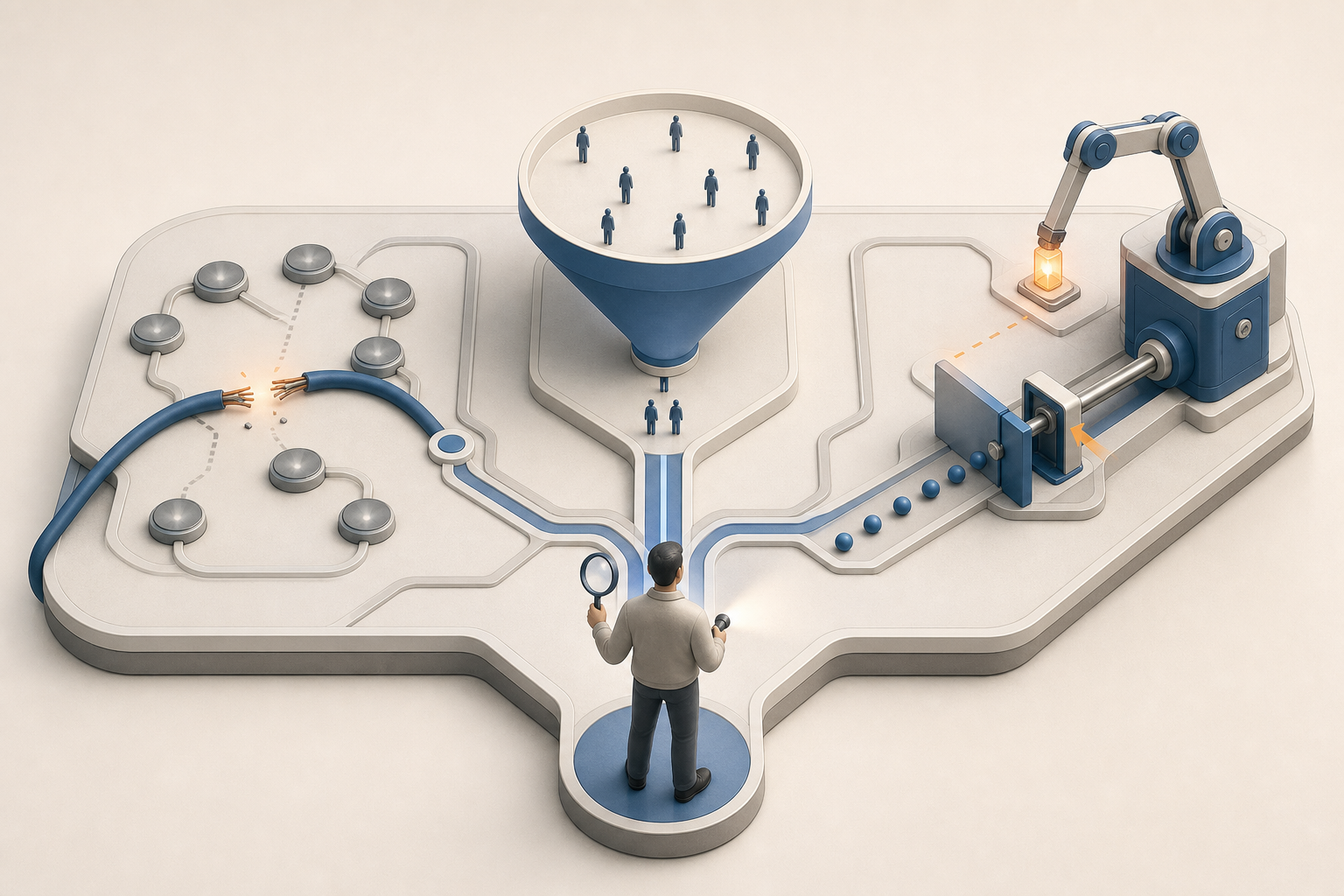 An investigator examines three visual pathways representing broken measurement, reduced customer demand, and an automated system restricting traffic.
