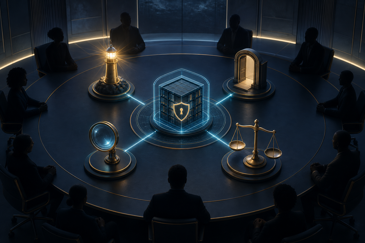 People gather around a table where four symbolic tools connect to a protected digital content archive.