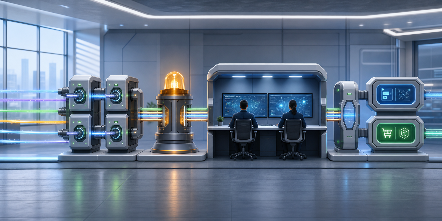 A monitored signal passes through redundant sensors, an alert beacon, a two-person review station, and a final business-outcome verification gate.