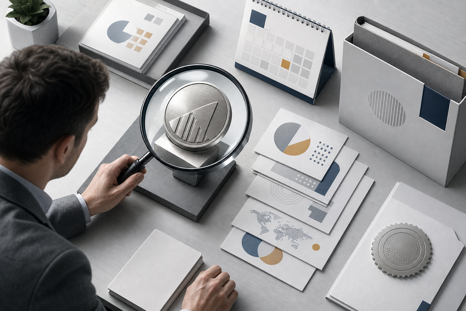 An analyst uses a magnifier to inspect a generic award marker beside layered source documents, a calendar tile, and a category folder.