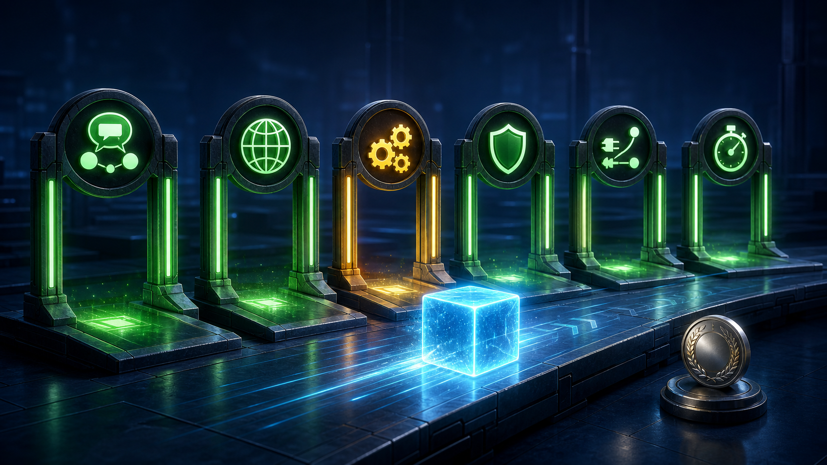 A luminous platform cube passes through evaluation gates represented by speech bubbles, a globe, gears, a shield, integrations, and a stopwatch, while an award medallion sits aside.