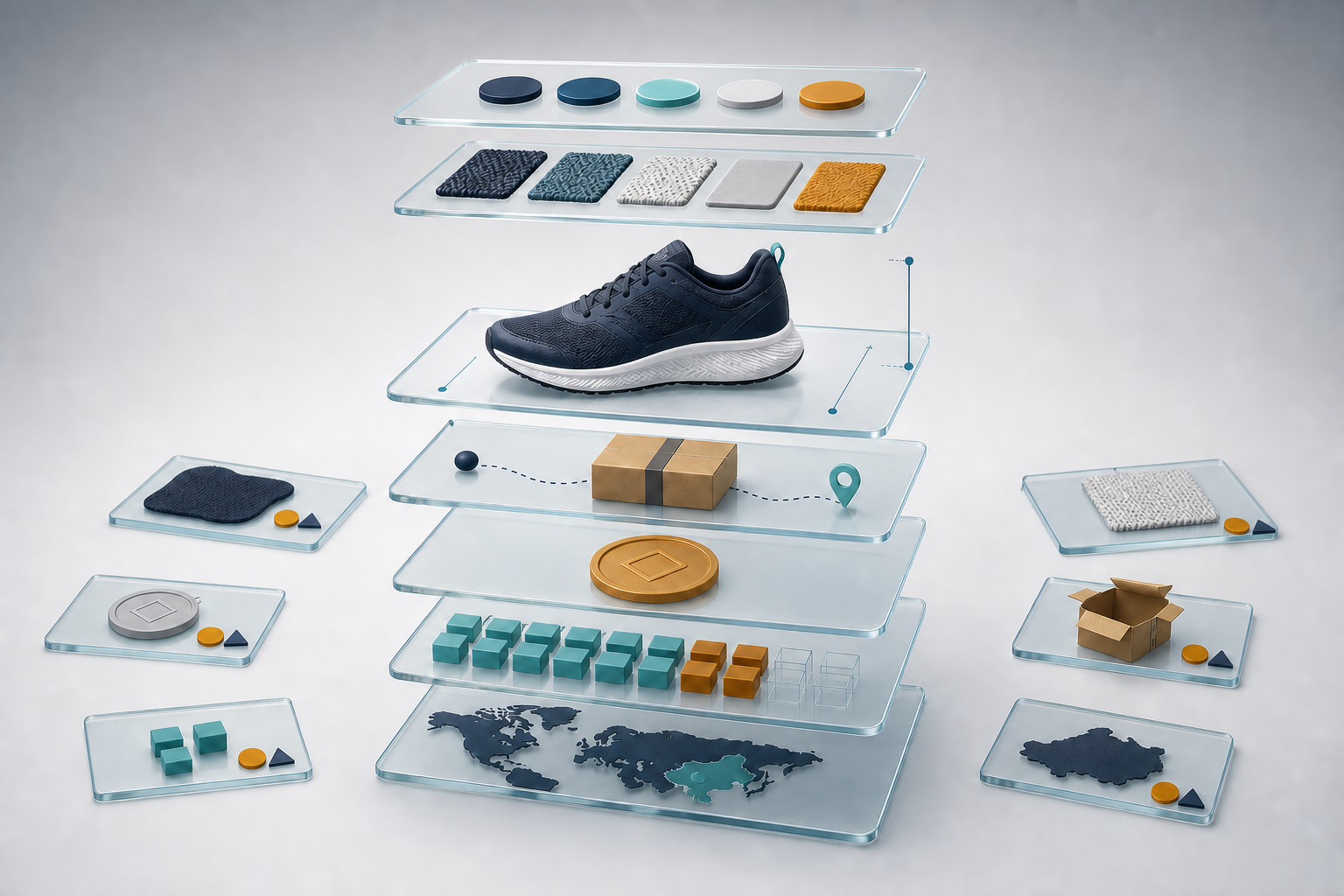 A generic running shoe is surrounded by aligned transparent layers representing product attributes, inventory, shipping, price, and regional availability.