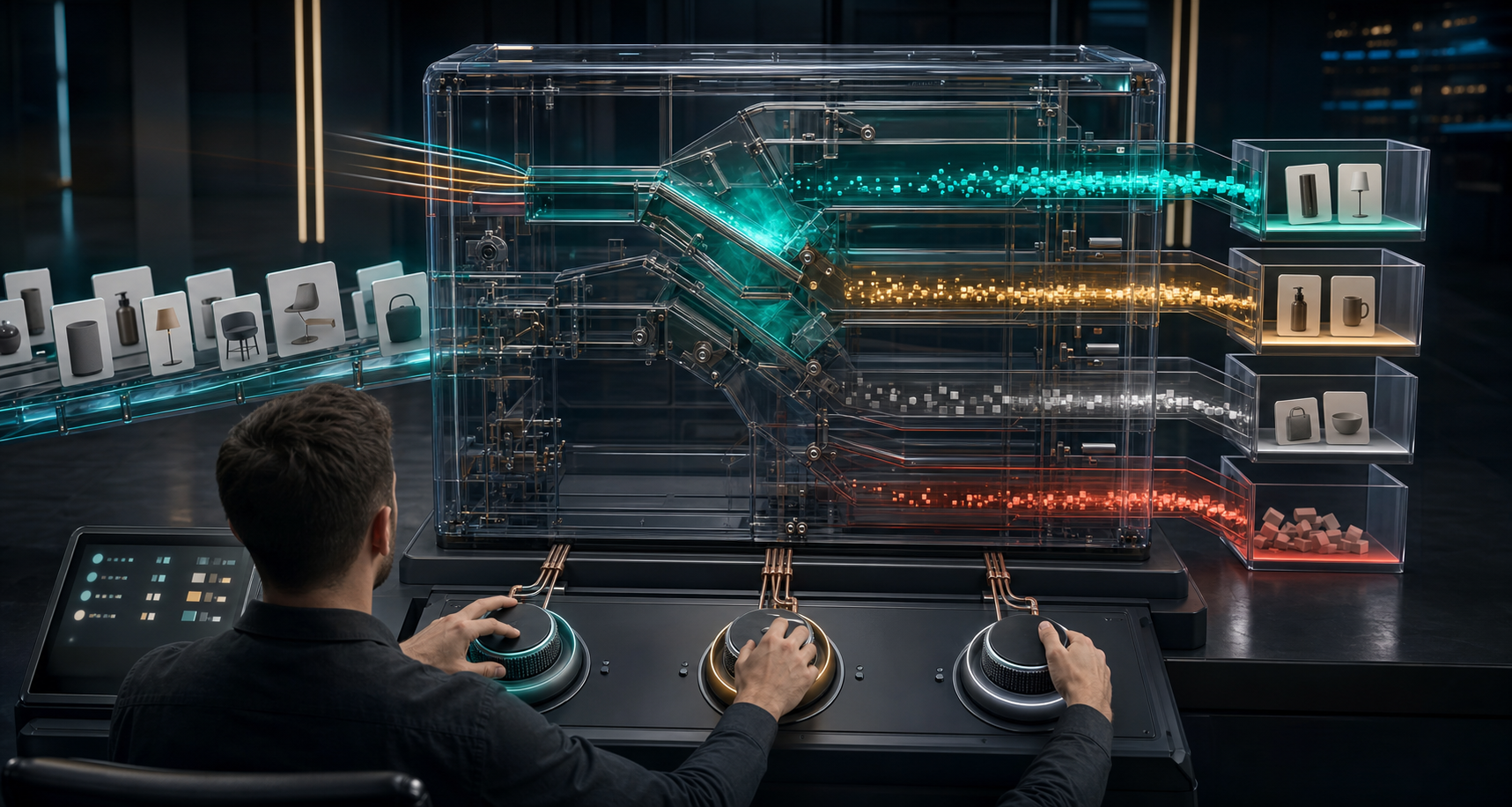 An ecommerce analyst adjusts controls on a transparent campaign machine that sorts generic product signals into profitable, low-margin, unavailable, and waste pathways.