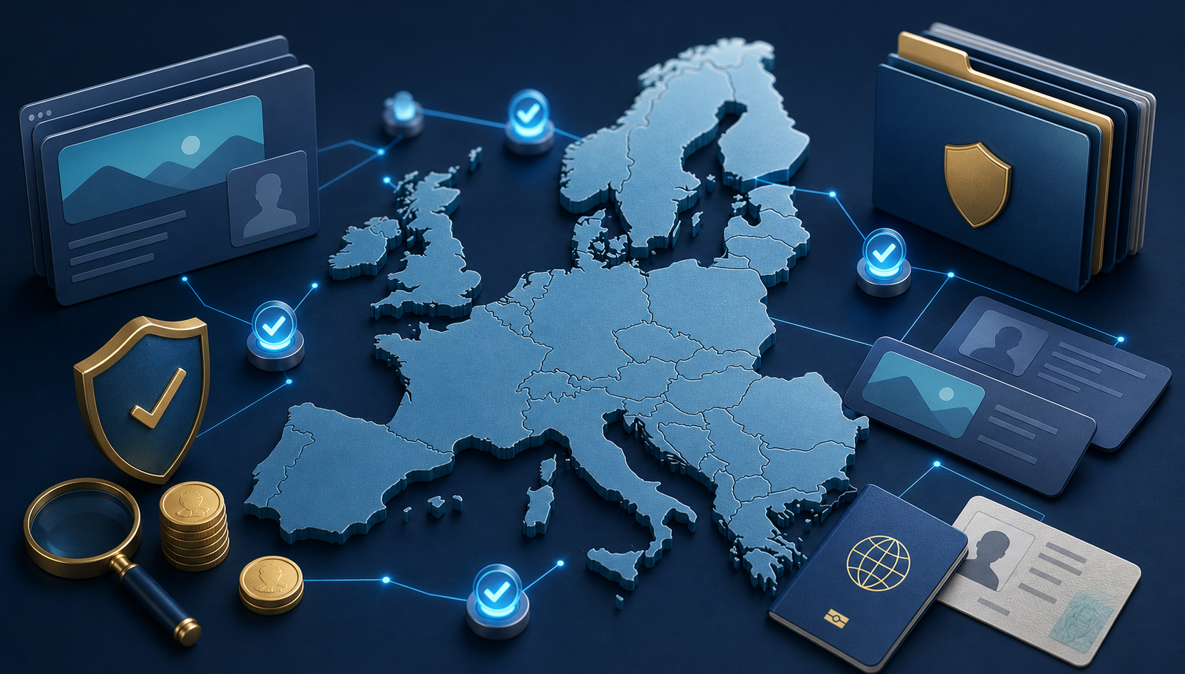 European map surrounded by digital ad cards, compliance documents, a shield, coins, and connected verification checkpoints.