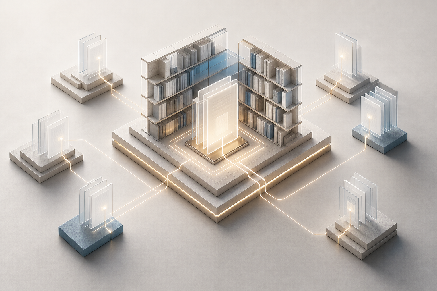 An orderly glass-and-stone digital library sits on an illuminated foundation as scattered document panels converge on one central source.