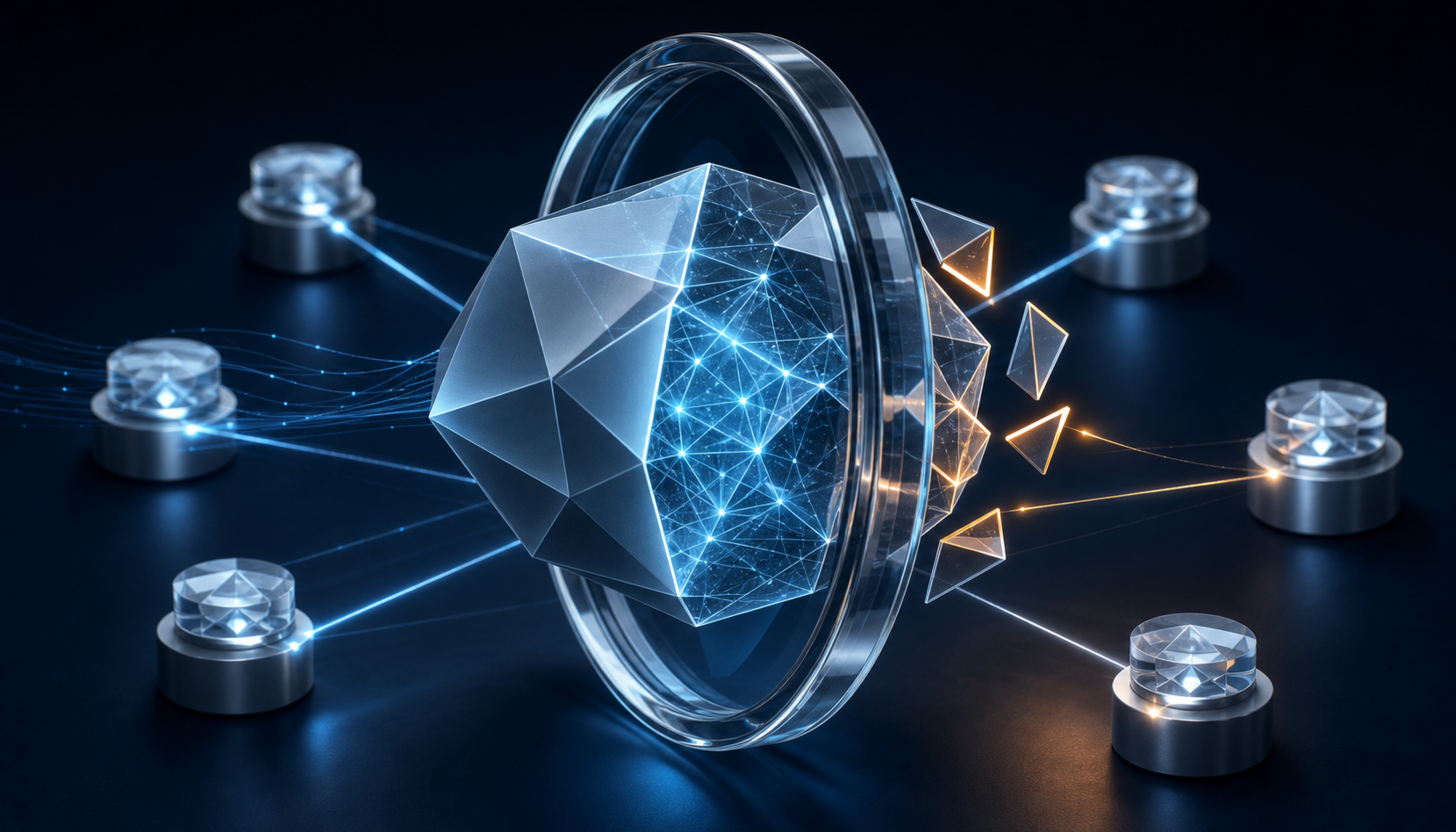 A transparent inspection lens examines a faceted identity object connected to several source nodes, revealing aligned and misplaced fragments.