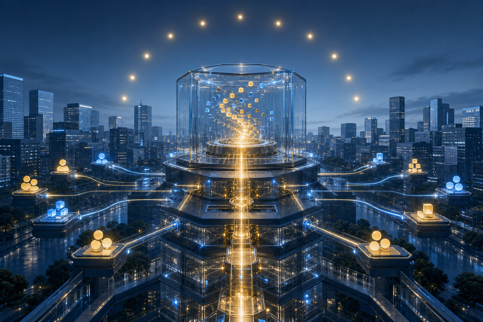 A transparent digital auction chamber connects publisher, advertiser, and platform nodes against a European cityscape, with one large pathway and several smaller independent routes.