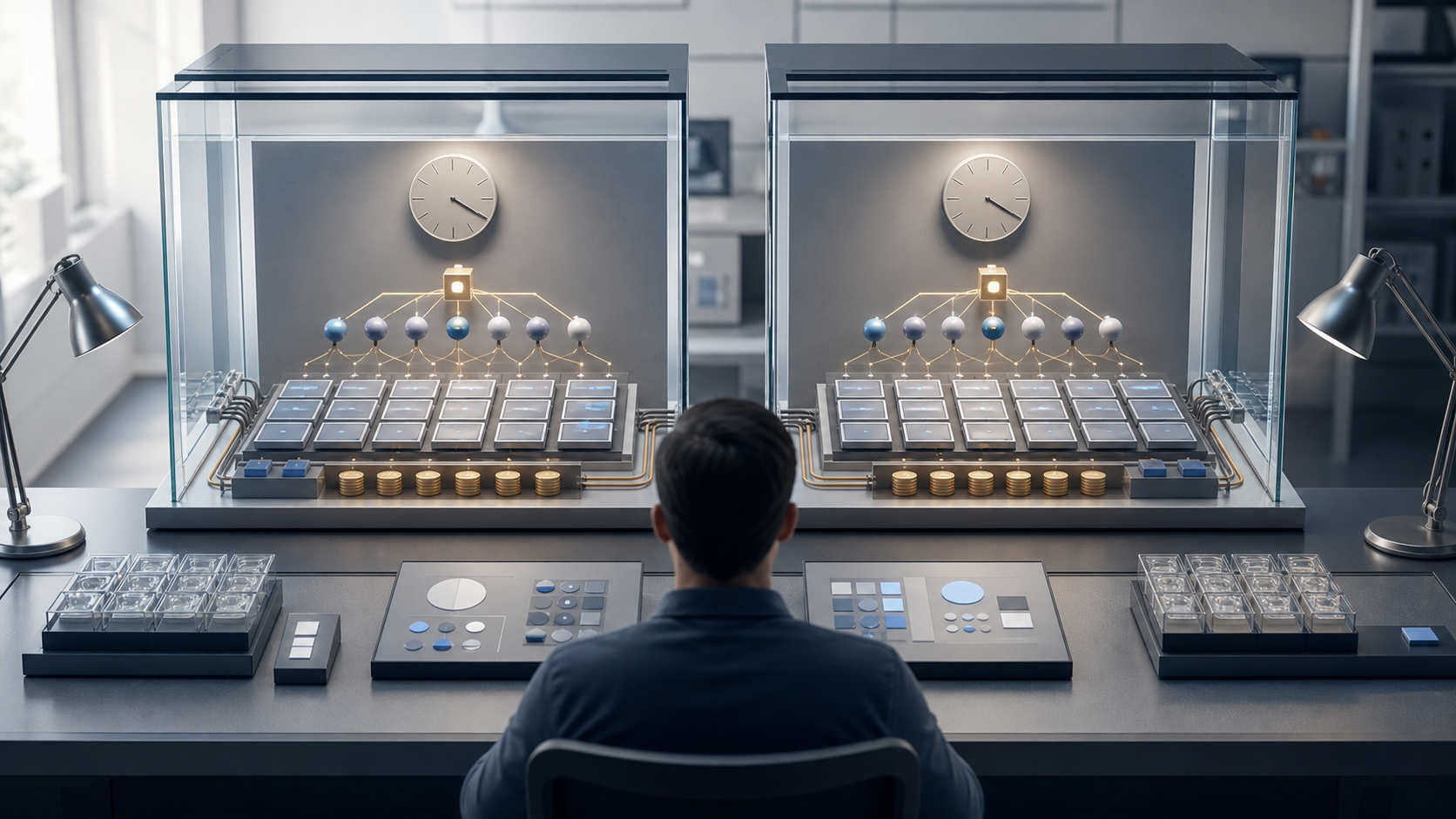 An analyst compares two matching digital auction setups in transparent test enclosures using synchronized instruments and identical inventory and bidder components.