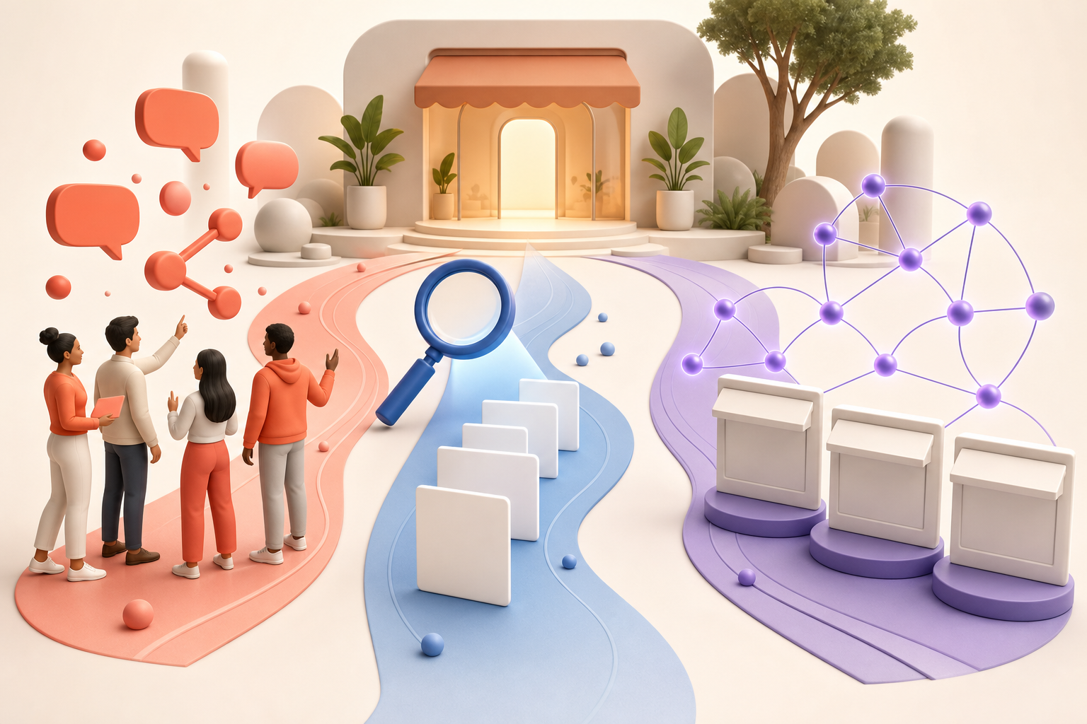 Three illustrated pathways show social conversation creating interest, search guiding intent and an AI network forming a business shortlist.