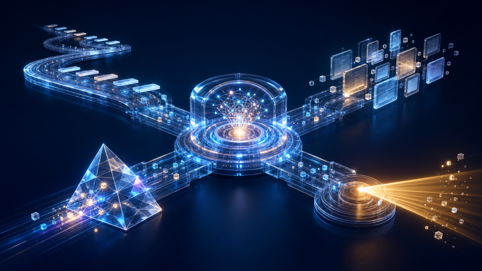 A glowing central decision hub connects search, citation, AI answer, and business outcome signals in a dark three-dimensional data environment.