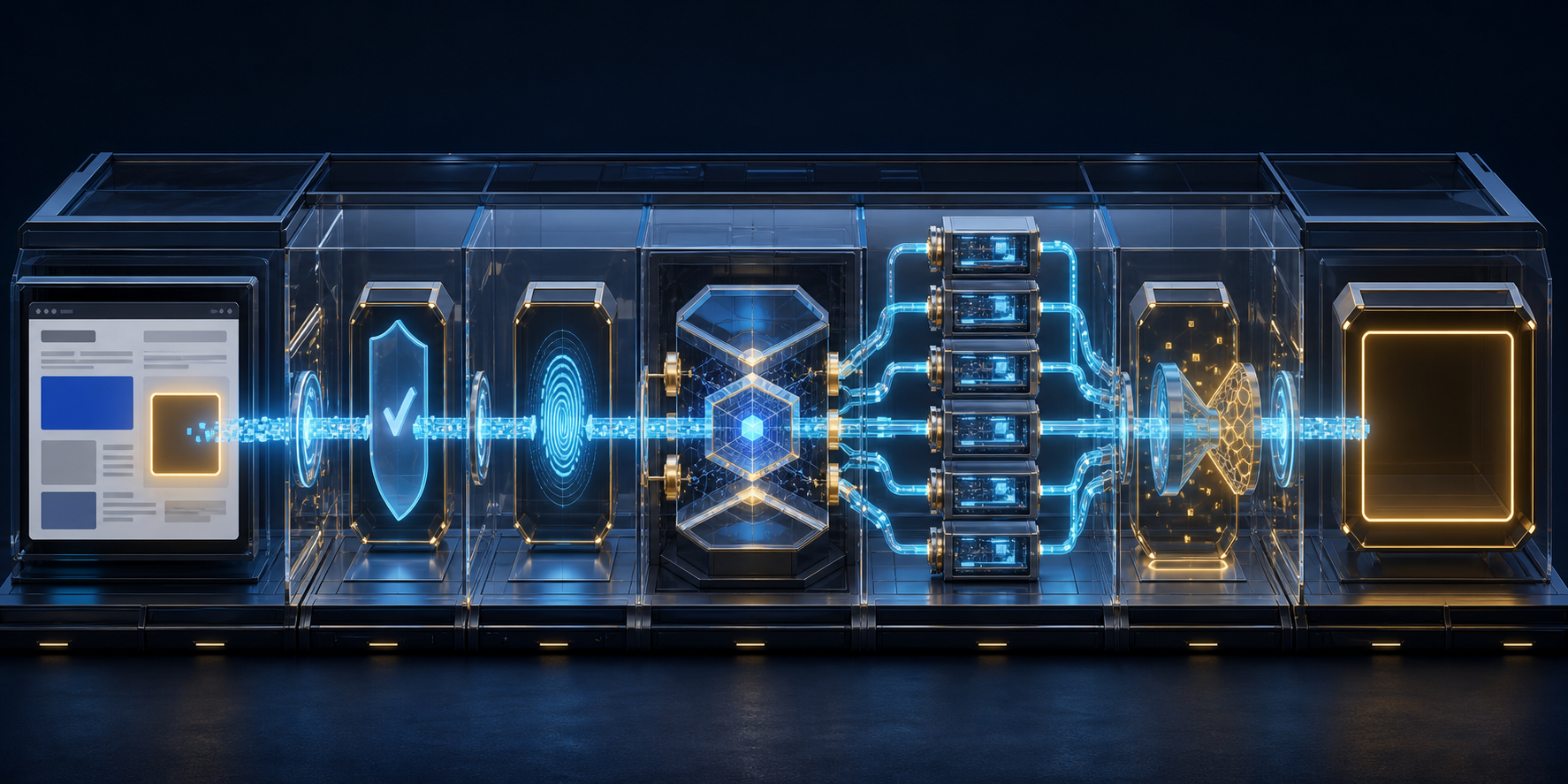 A cutaway corridor shows one luminous ad transaction passing through consent, identity, auction, bidder, verification, and placement modules from end to end.
