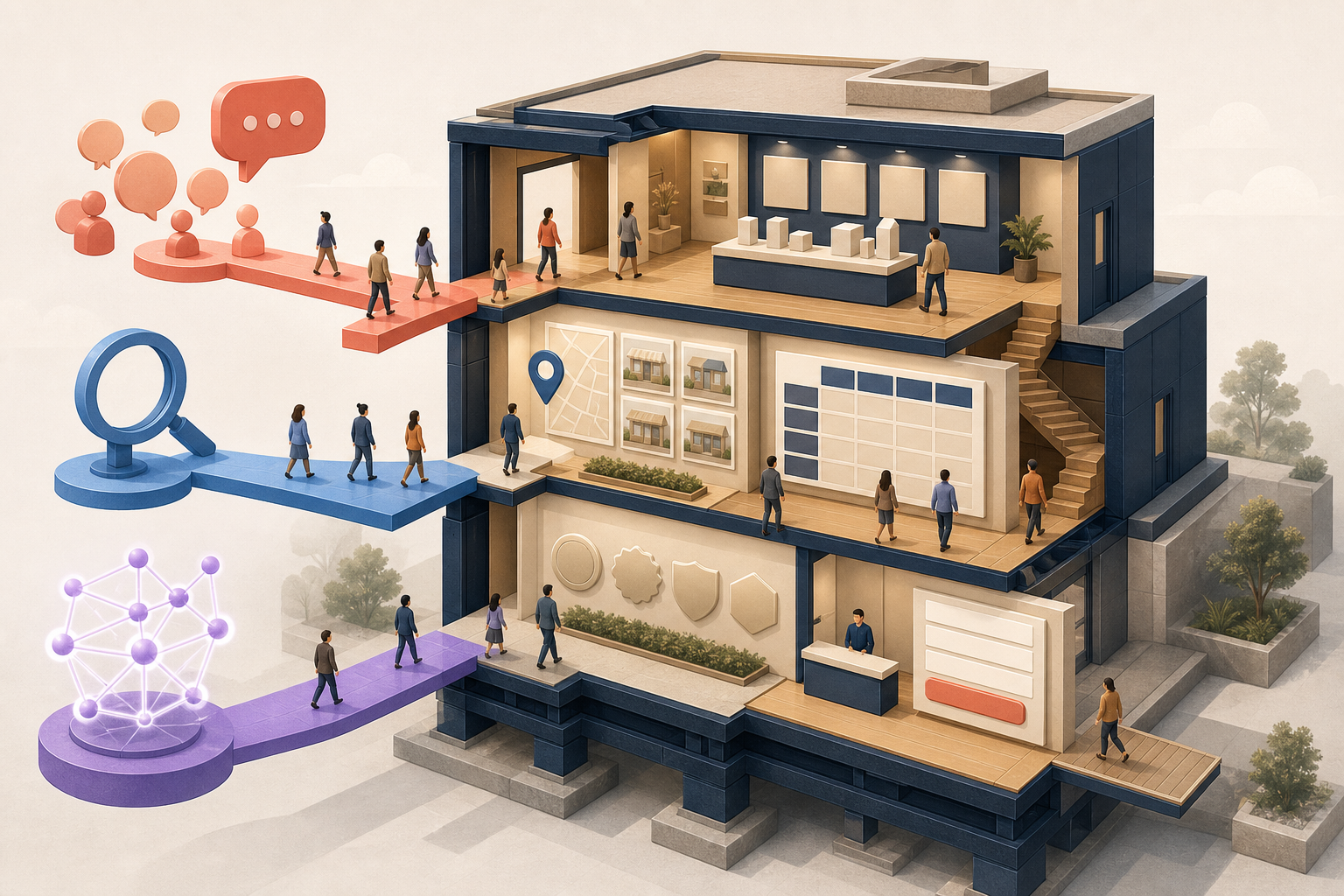 Cutaway illustration of a modular business website receiving visitors from social, search and AI routes and guiding them through service, proof and contact areas.