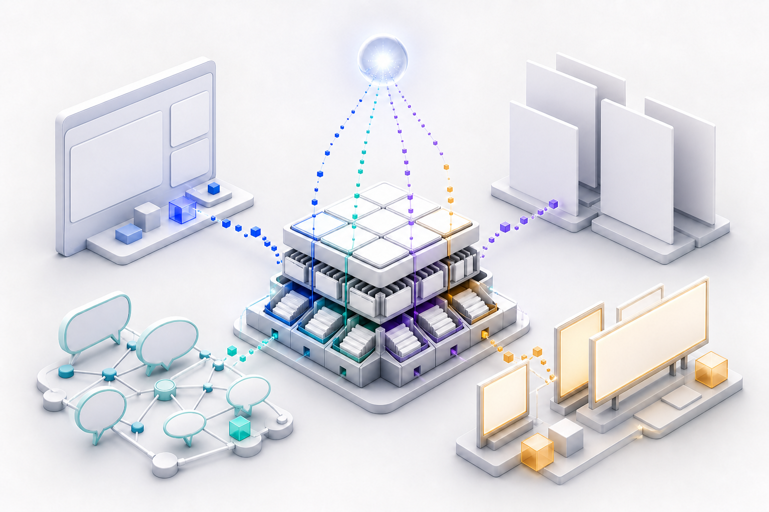 Four abstract paid, earned, shared, and owned media channels feed colored evidence tokens into a single central ledger.