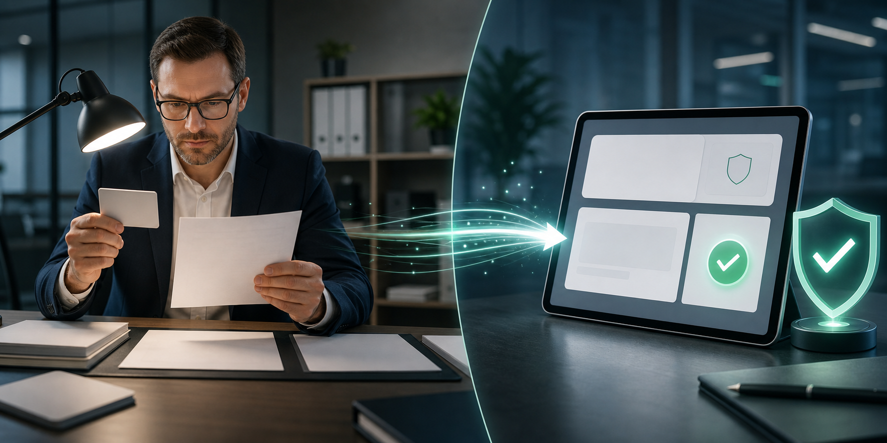 A compliance reviewer checks generic documents beside a tablet representing the second stage of an online verification process.