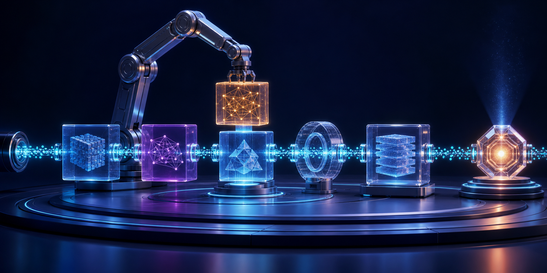Interchangeable translucent AI modules connect to a stable workflow while a robotic mechanism replaces one module without interrupting the glowing data flow.