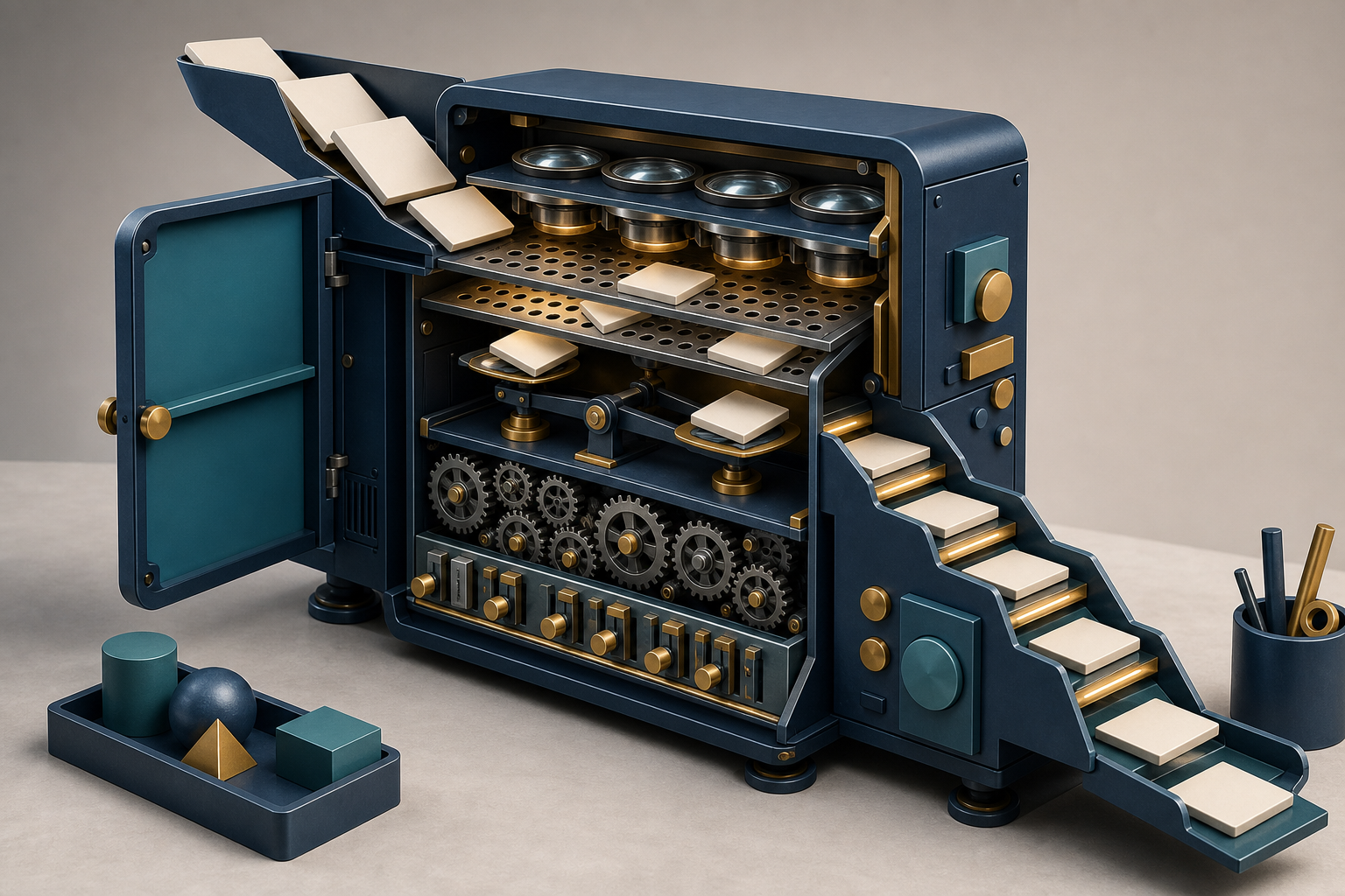 A cutaway ranking machine sorts unbranded agency tiles through lenses, sieves, scales, gears, and weighted controls.