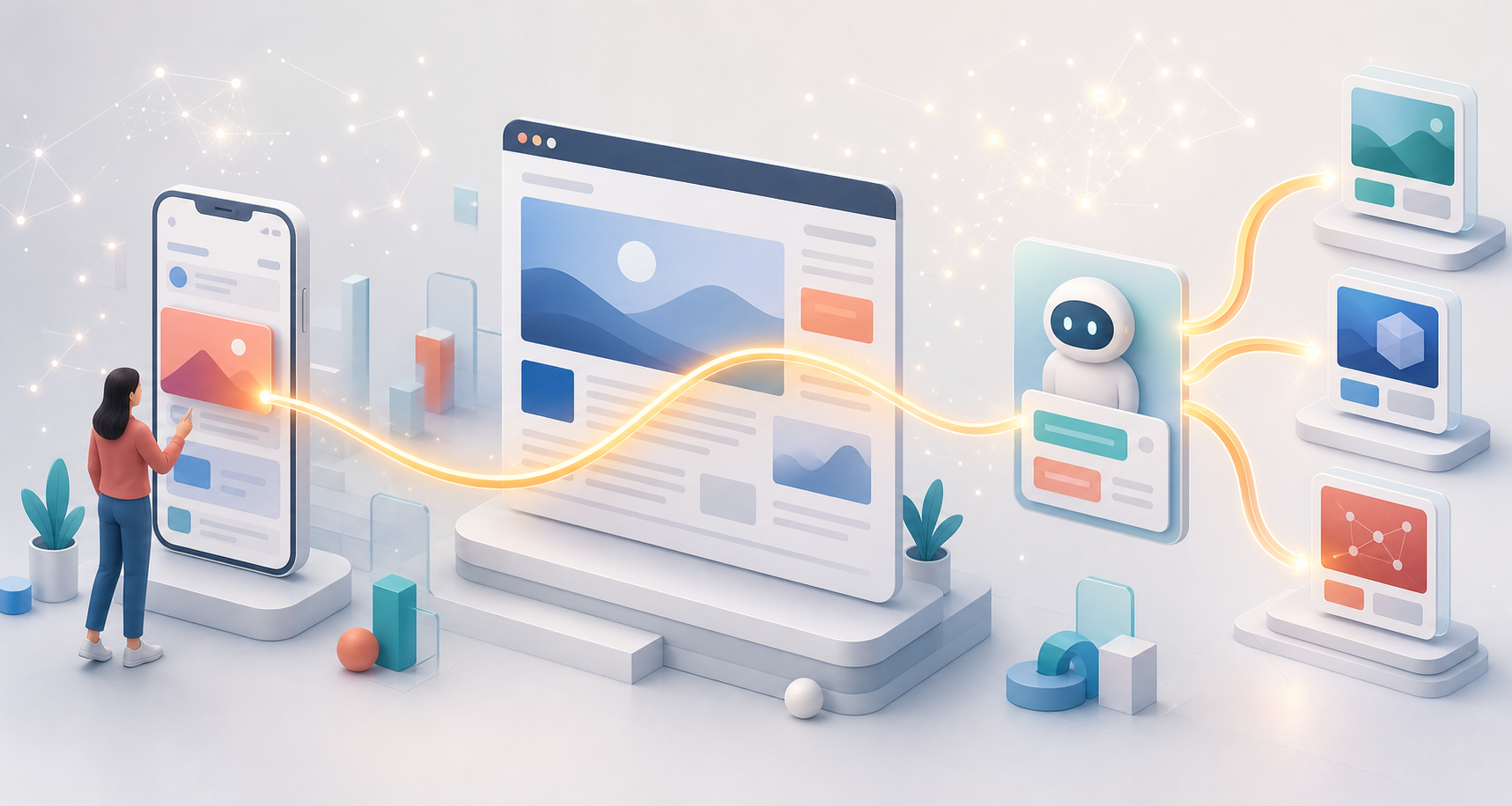 Editorial illustration of a person moving from a mobile discovery feed to a web page and then into branching AI-assisted exploration paths.