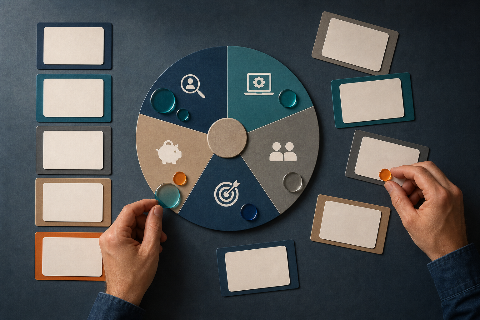 Hands rearrange unbranded agency cards around a decision board with abstract criteria icons and weighted tokens.