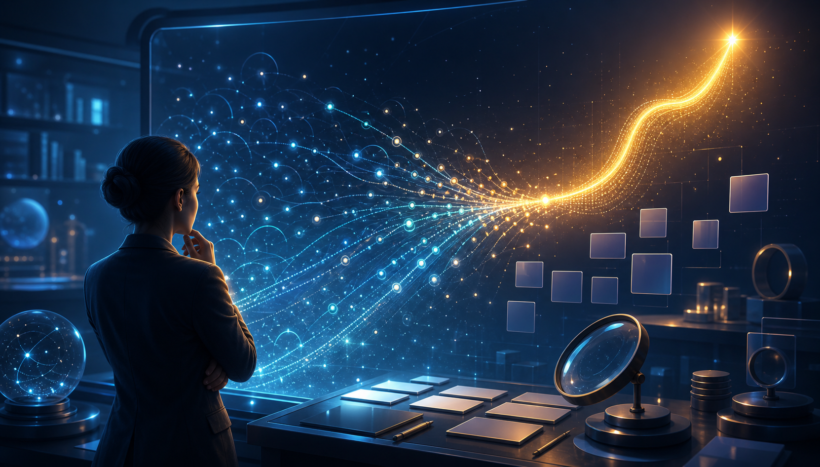 A strategist observes scattered digital signals converging into a bright rising pattern on a translucent display.