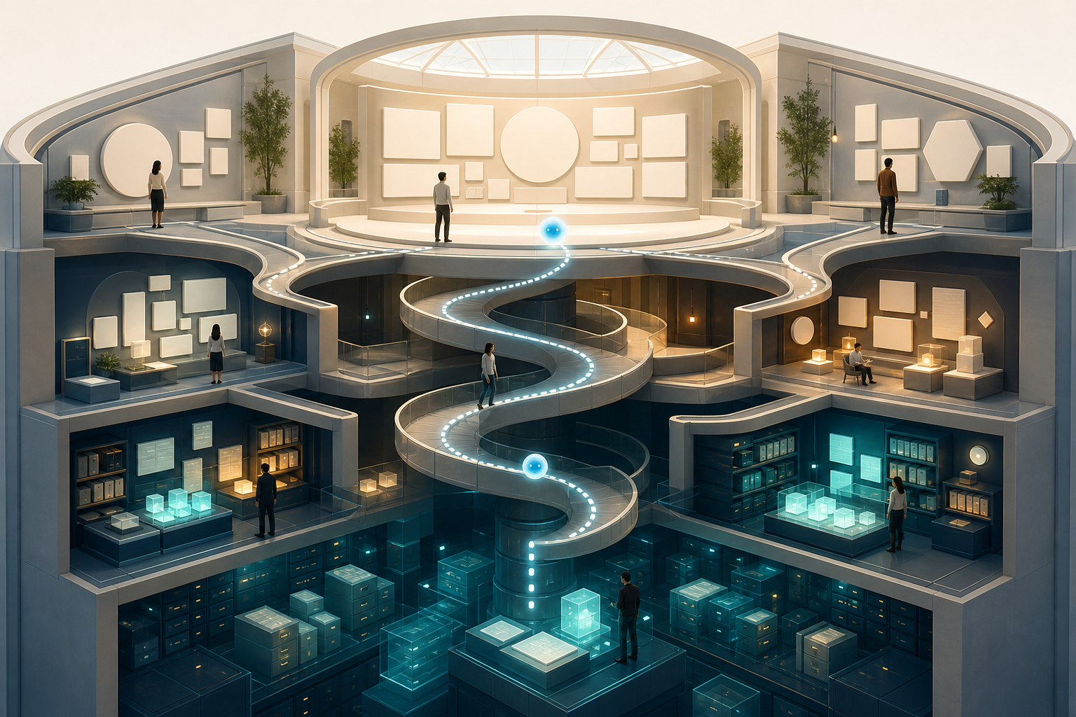 Cutaway illustration of readers exploring an overview, branching answer areas, and deeper research layers within a structured web page.
