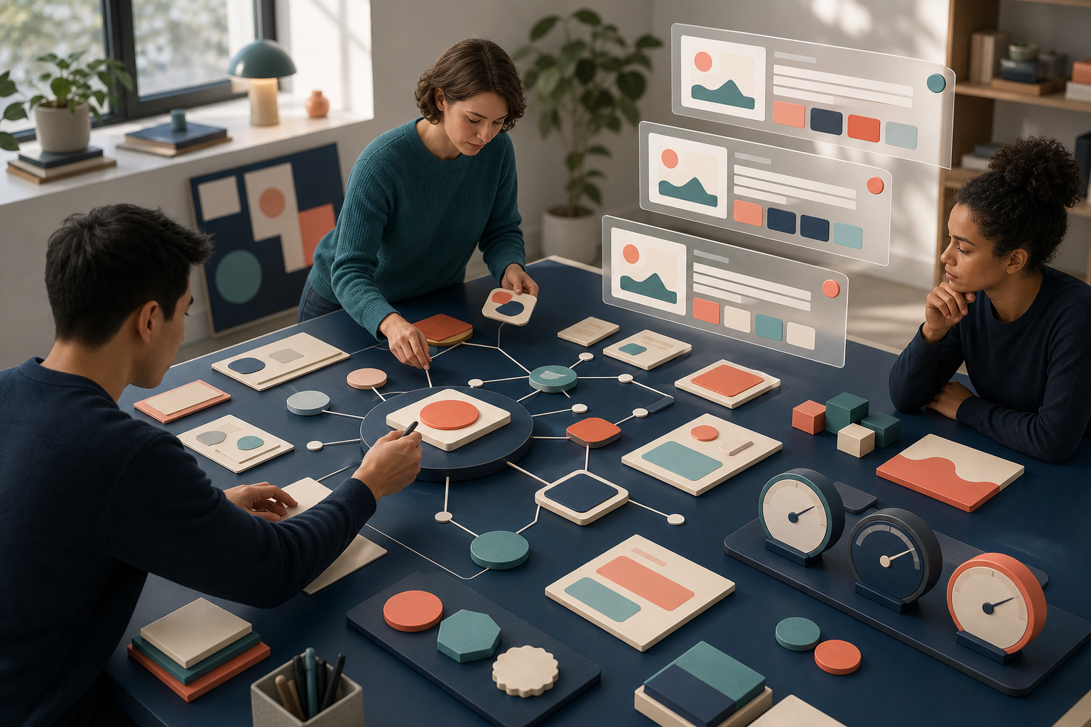 A strategy team works around a tabletop of connected content cards, entity nodes, trust markers, test screens, and measurement gauges.