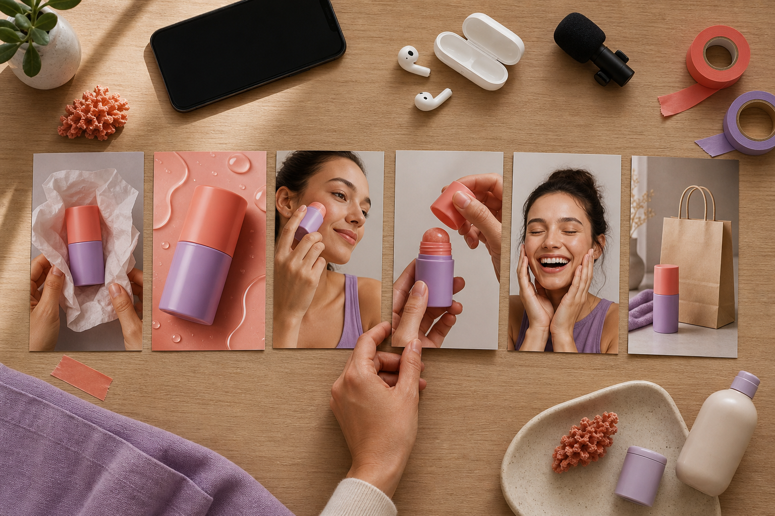 Six vertical storyboard cards on a desk show a product reveal, demonstration, benefit, reaction, and final product-use scenes without written notes.