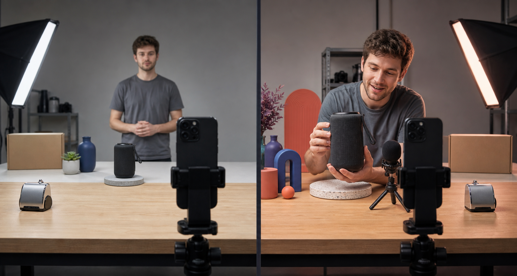 Two matched smartphone filming setups compare a static distant product ad with a close, energetic product demonstration under controlled studio conditions.