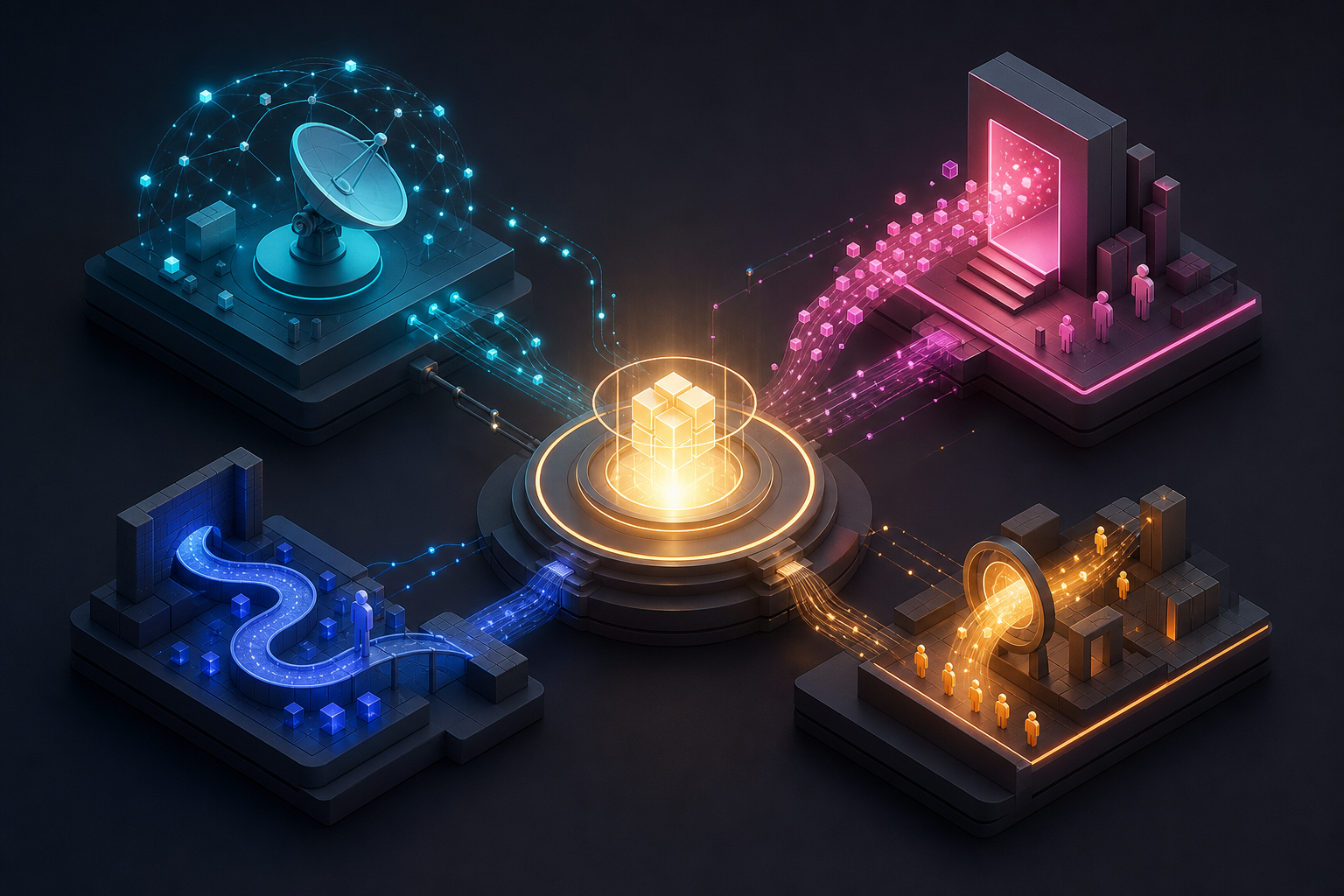 Four color-coded media modules perform different functions while connecting to a shared central objective.