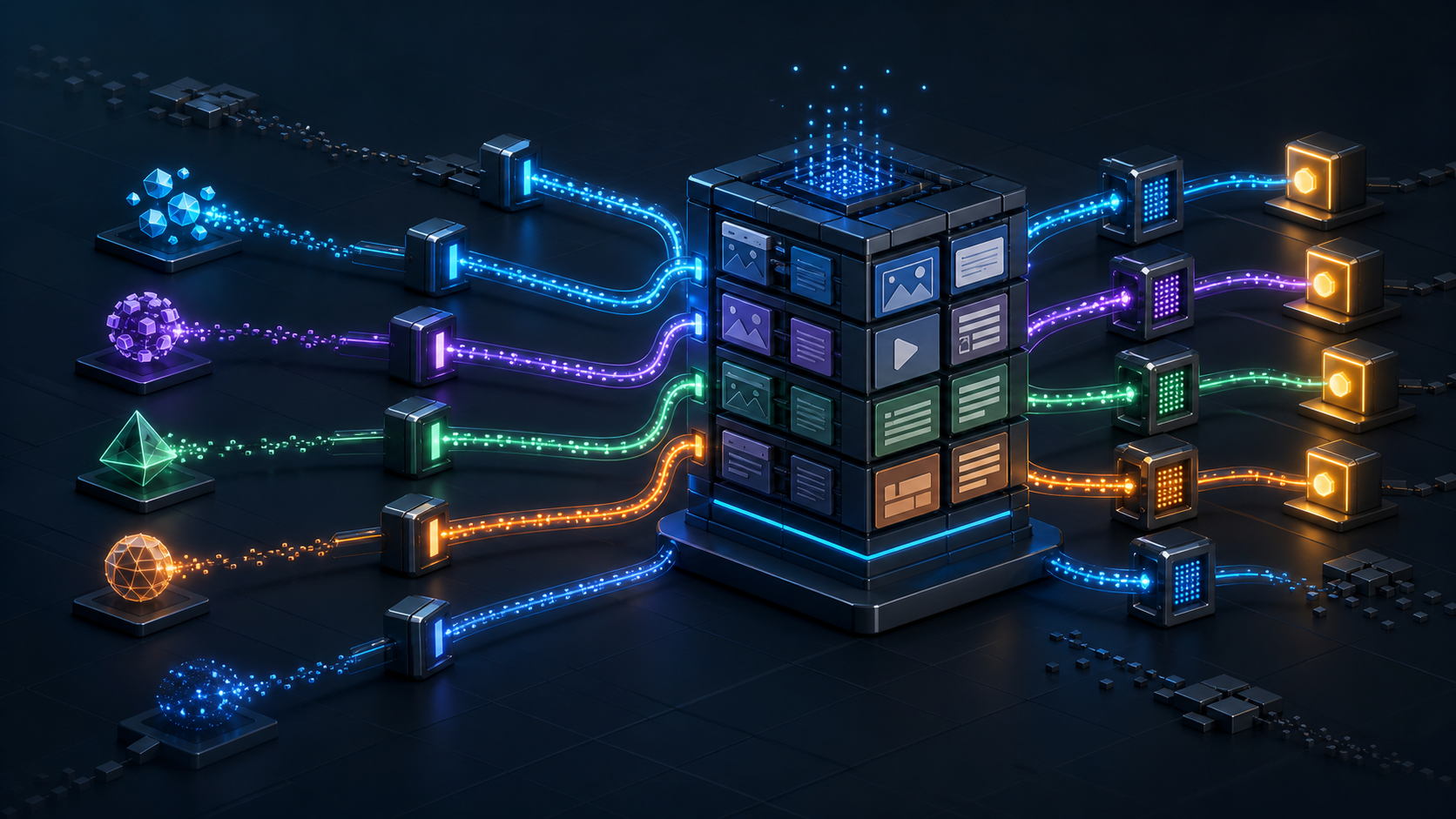 Abstract AI request signals passing through a collection gateway to a modular website server, with illuminated response paths and several fading gaps.
