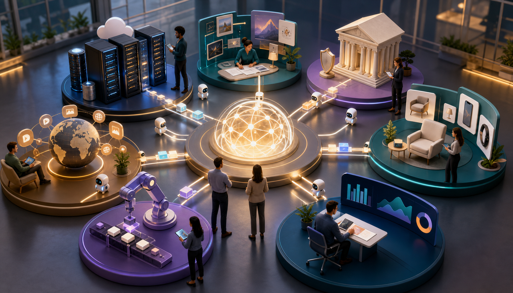Professionals collaborate around a luminous central hub connected to modules representing different parts of a search operation.