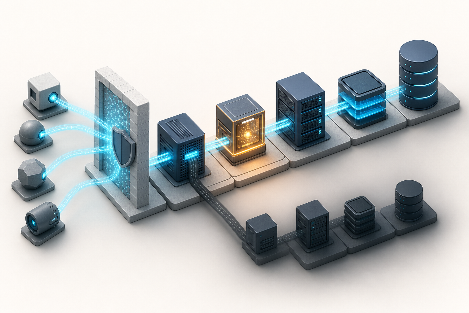 Isometric website hosting stack with request paths crossing a glowing collection sensor before reaching server, cache, application, and database layers, while one path bypasses it.