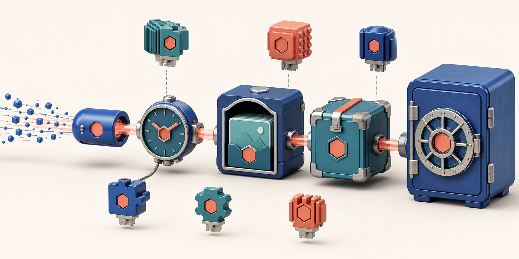 A connected sequence links an abstract automated request, timing and origin components, a modular content item, a response package, and a stored event while surrounding website modules change position.