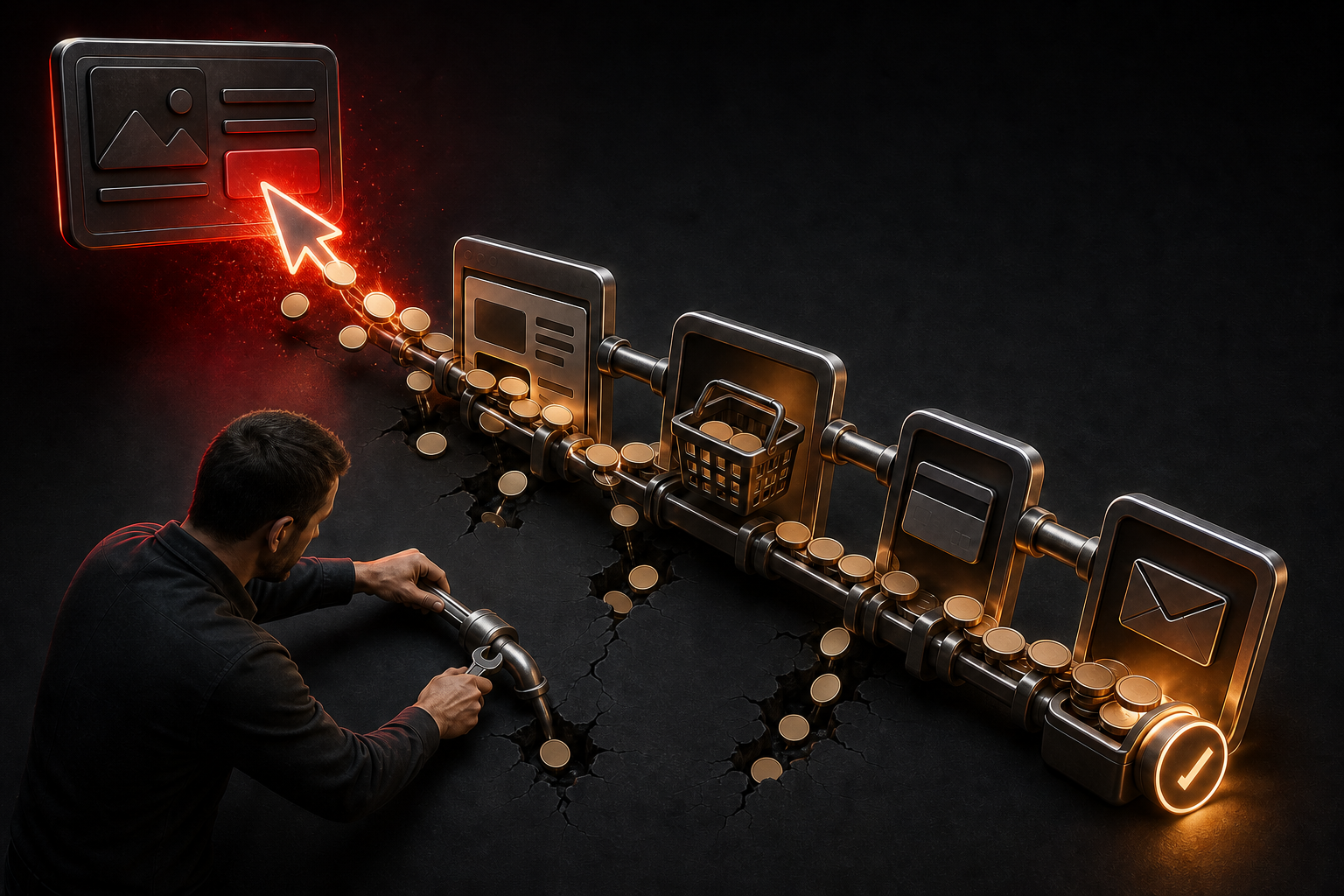 A marketer repairs gaps in a connected post-click pathway as metallic tokens flow from a digital ad toward a completed purchase.