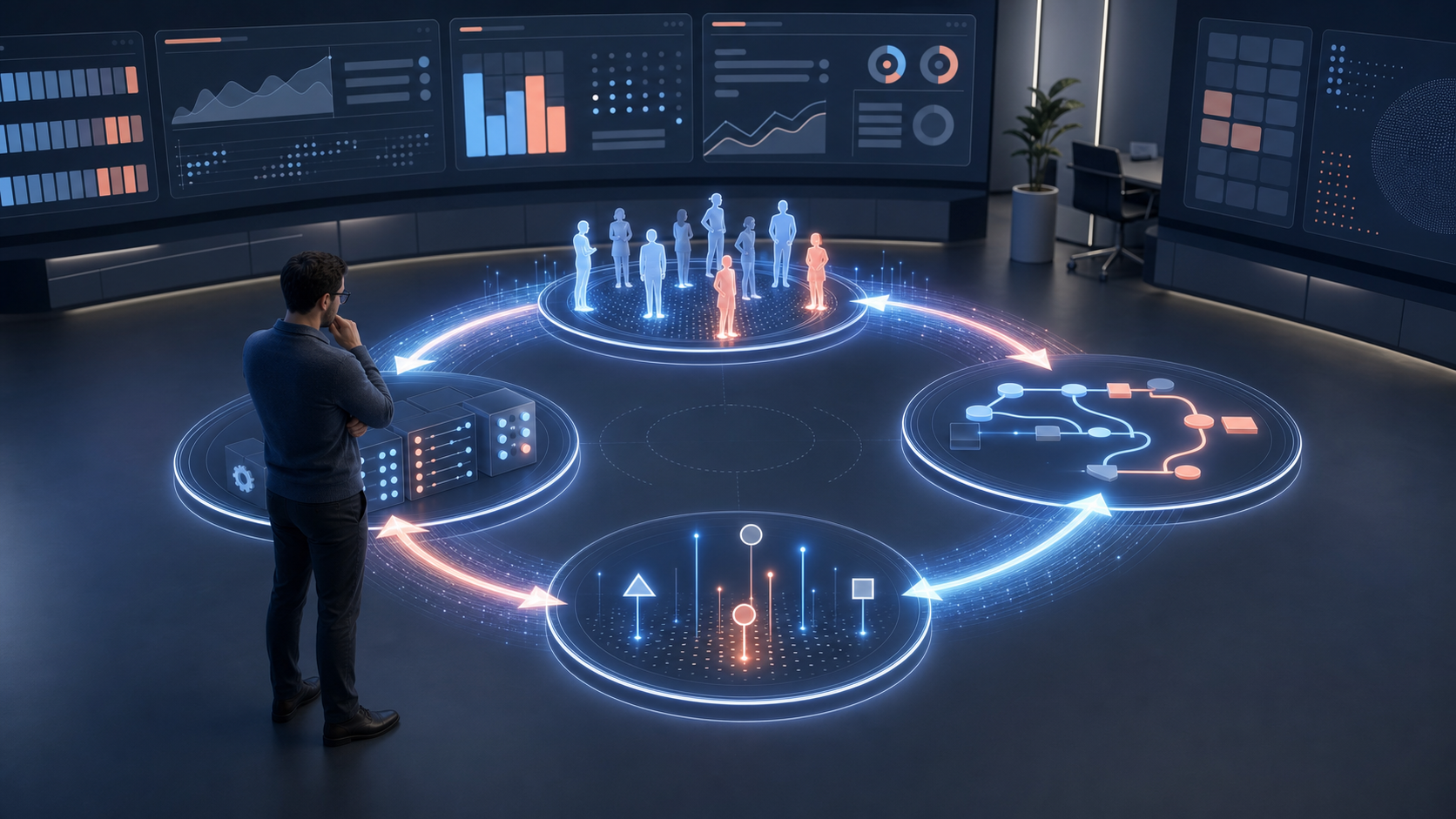 An analyst monitors connected customer, advertising, measurement, and technical support signals in a futuristic control room.