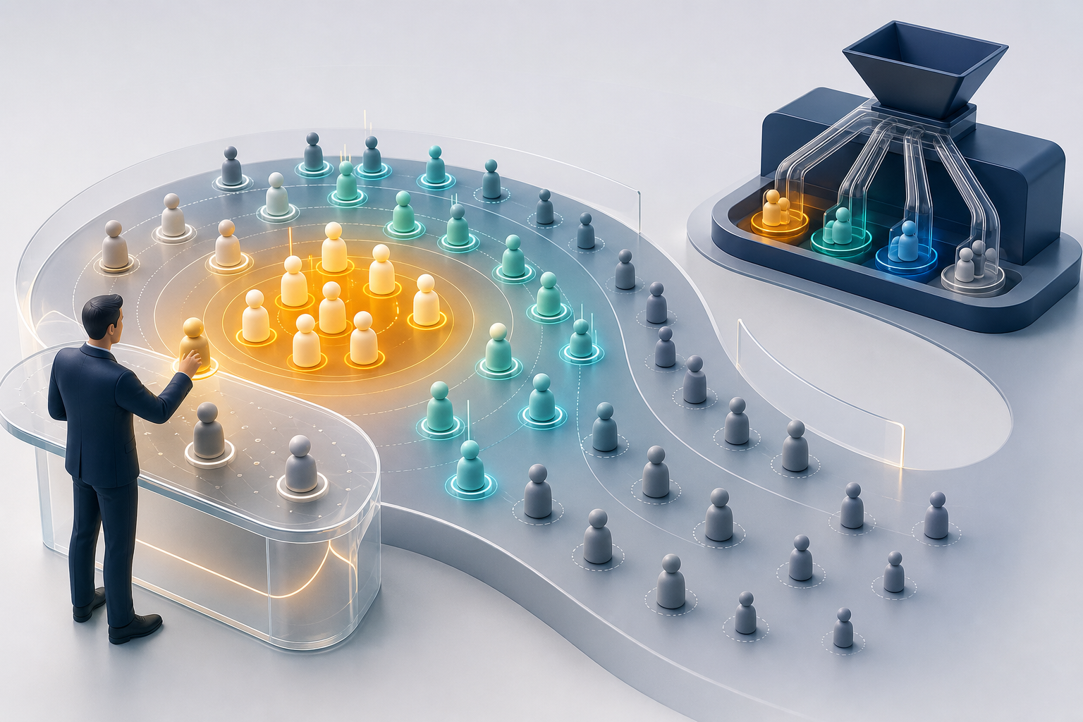 A strategist organizes anonymous customer tokens by engagement and value before they enter an automated grouping system.