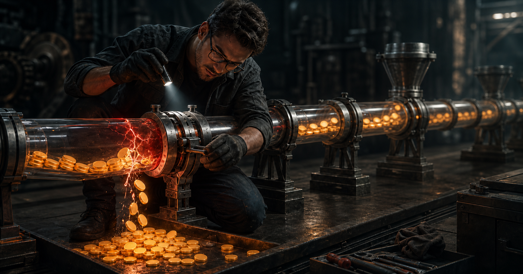 An analyst inspects and repairs the first major leak in a transparent conversion channel carrying glowing tokens.