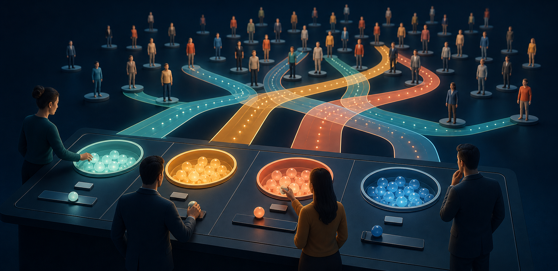 Illustration of several illuminated acquisition pathways converging on customer figures, with some audiences reached uniquely and others overlapping.