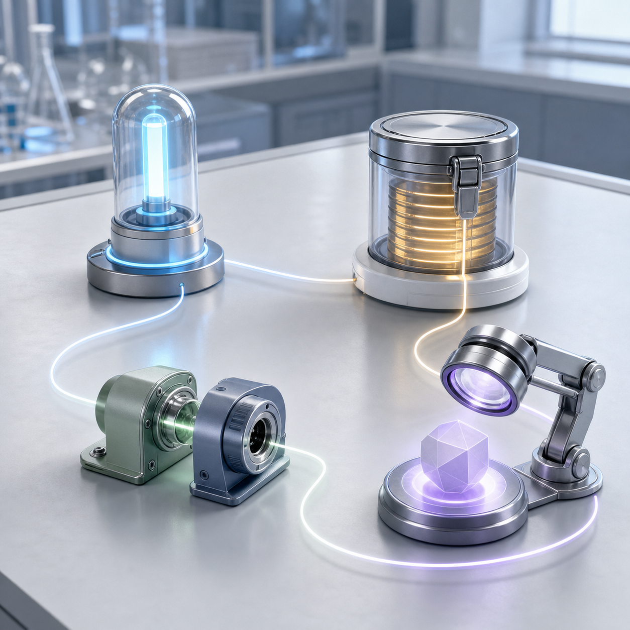 Four connected mechanisms on a workbench depict a connection beacon, saved files, transfer ports, and an inspection lens checking an output.