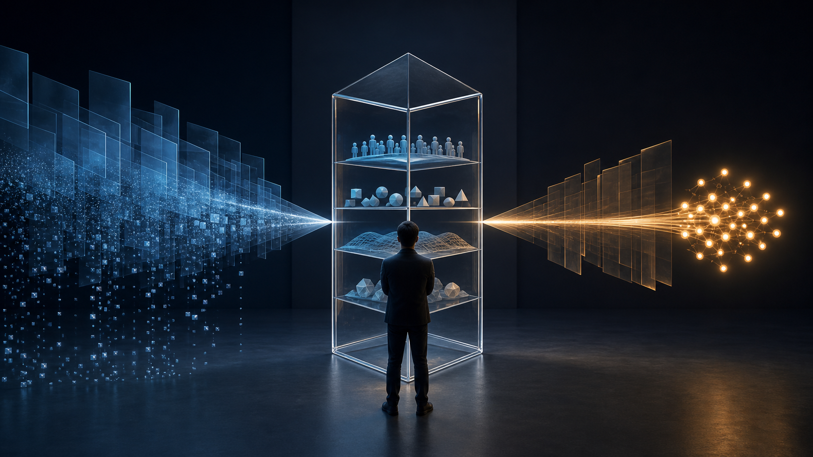 An analyst examines contrasting blue and amber evidence streams passing through a transparent layered prism in a dark research studio.