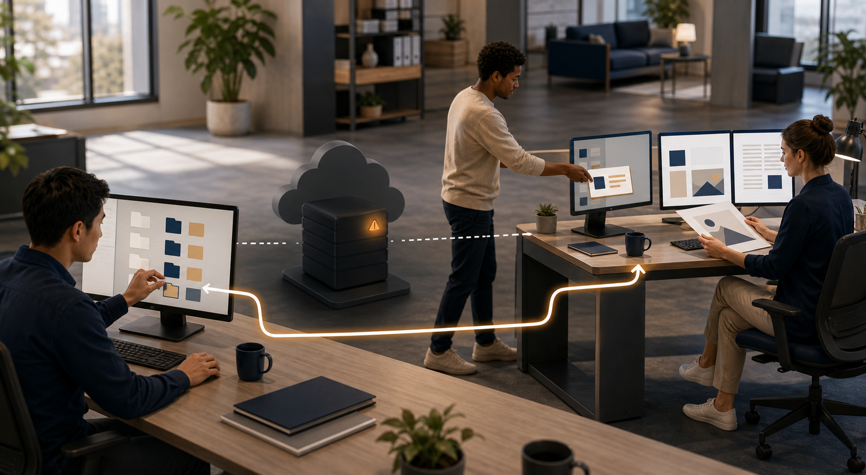 Three coworkers preserve files, move a task to a backup workstation, and review a draft while a central cloud service is inactive.