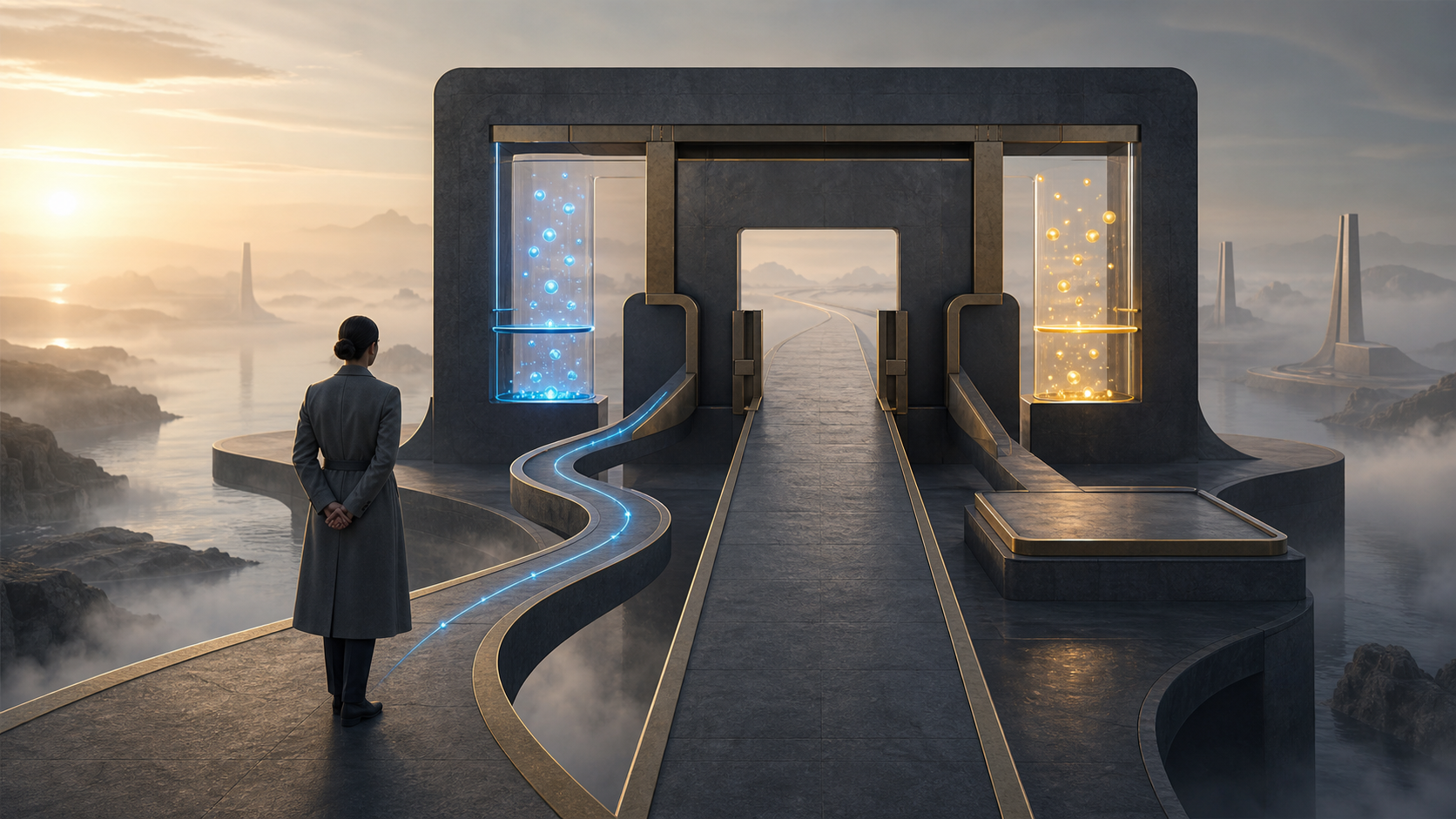 A strategist faces a branching path controlled by transparent threshold chambers filled with blue and amber particles.