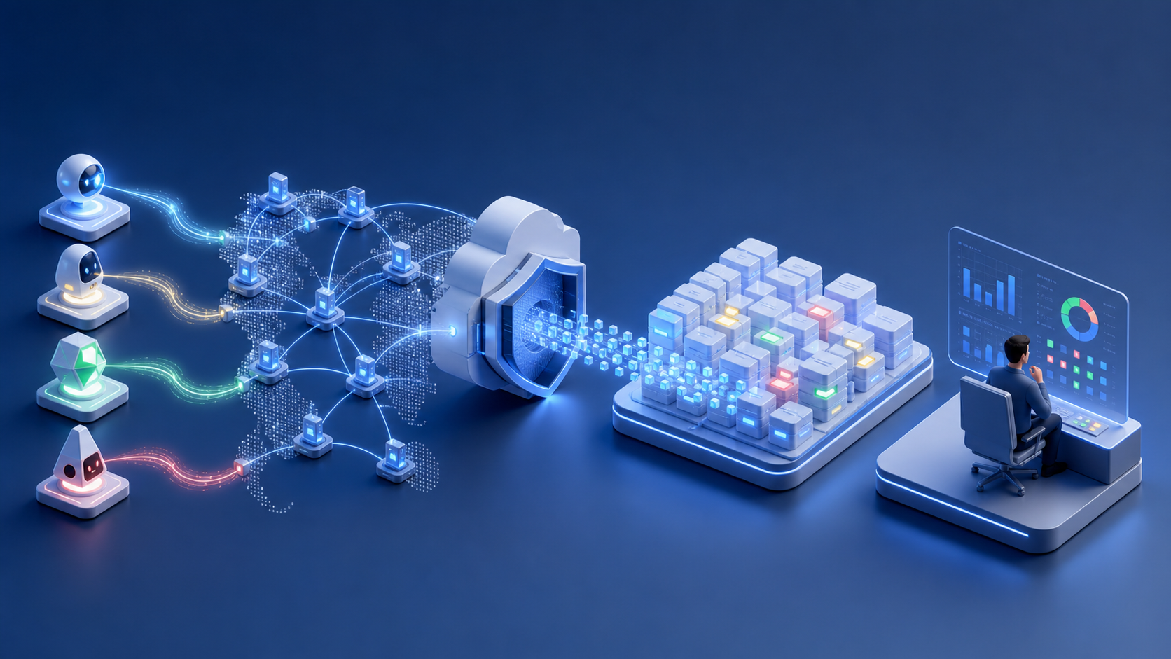 Abstract AI agents send requests through a global cloud edge network while an analyst reviews the resulting activity signals.