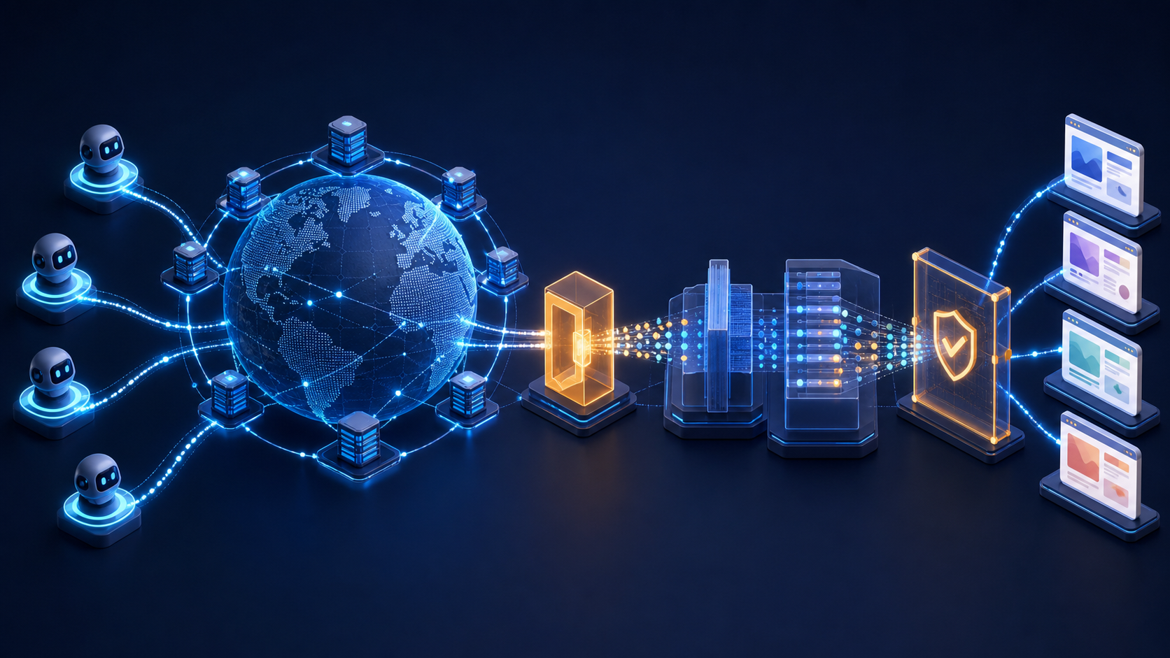 An isometric cloud CDN measurement path connects AI agent requests, edge servers, log events, and a validation checkpoint.