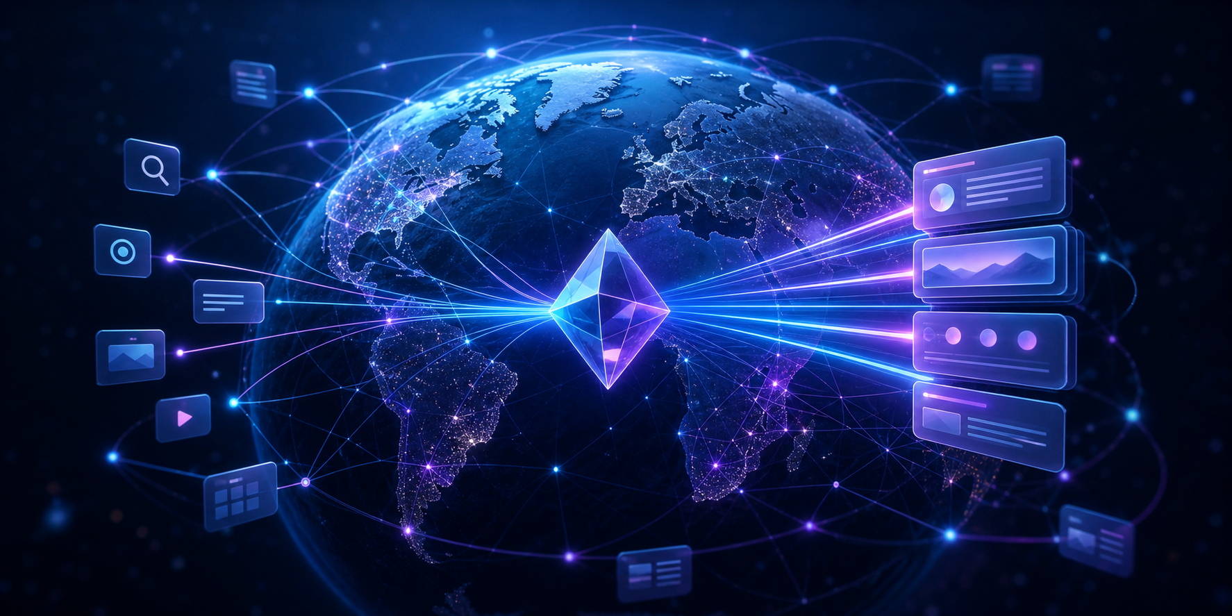 A glowing globe connected by blue and violet pathways to abstract AI-generated search interface panels.