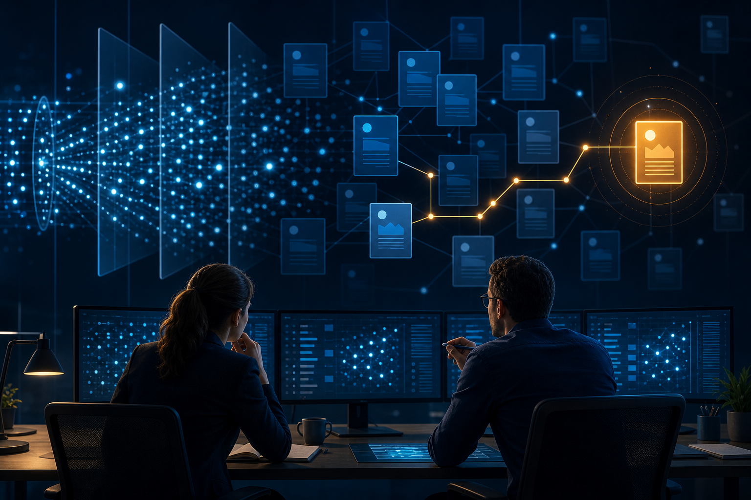 Two analysts examine clustered request signals and isolate an unusual path in a cloud operations workspace.
