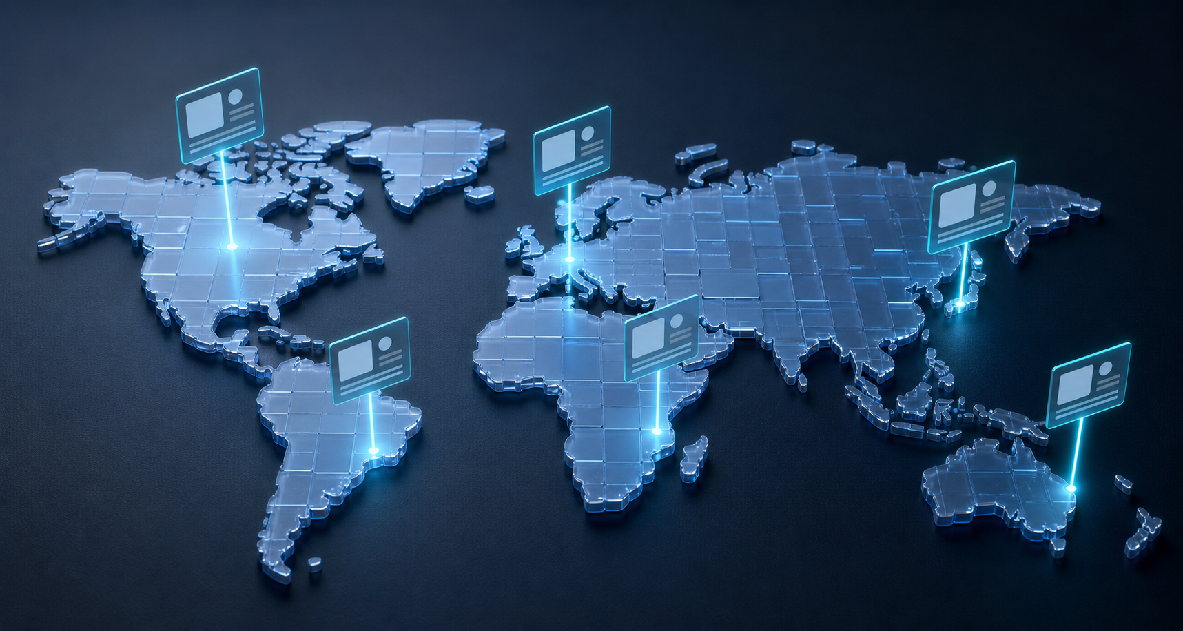 An abstract world map with many illuminated regions but search-result panels appearing over only a few locations.