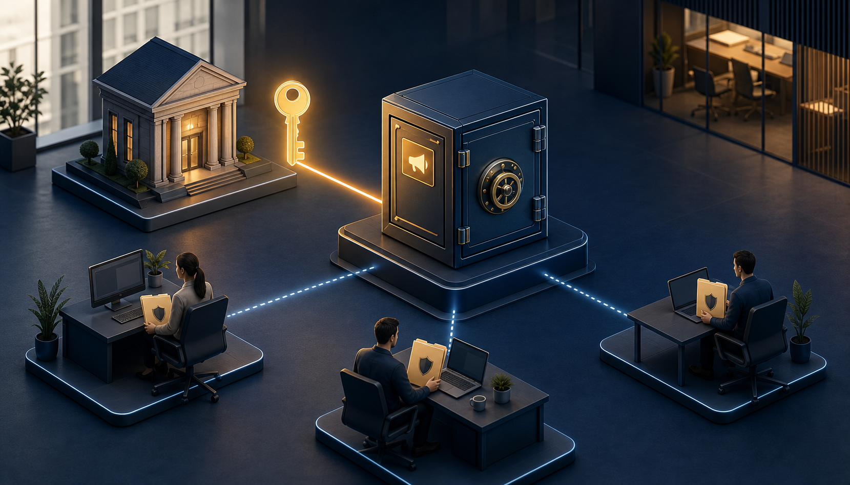A secure advertising account connects a financial company, an agency, and a third-party partner, with one ownership key highlighted.